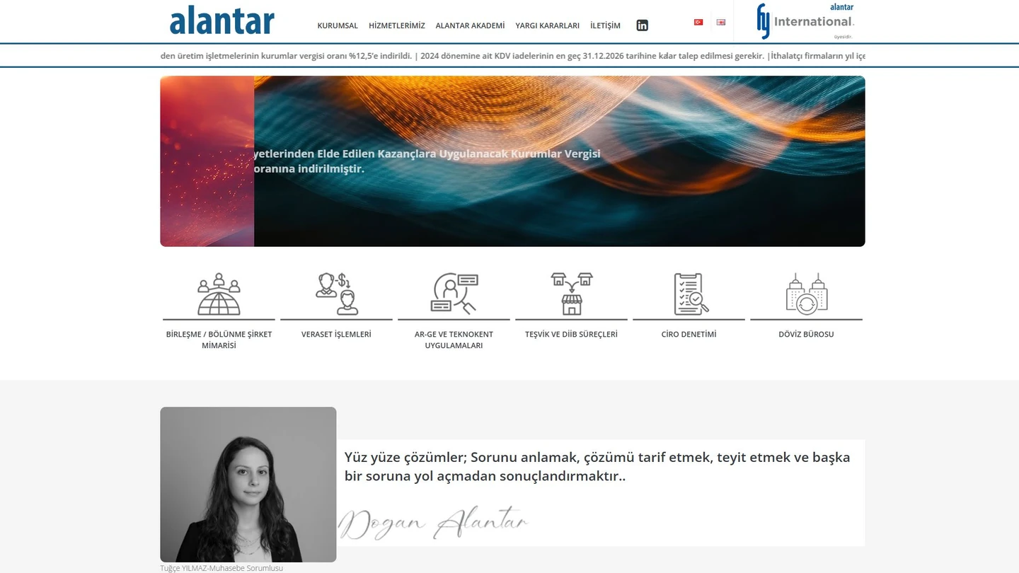 Alantar web sitesinin açılış ekranı