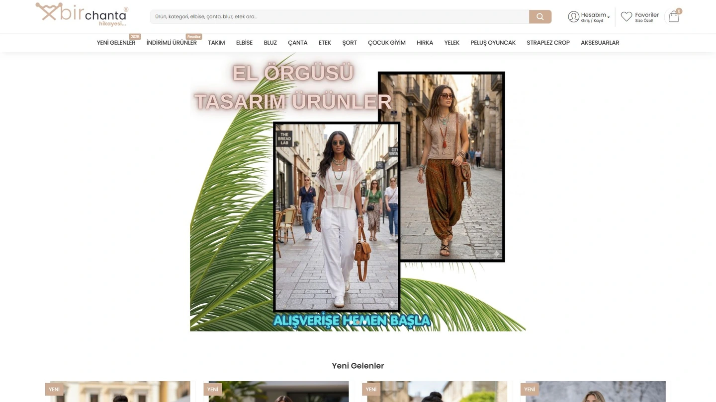Bir Çanta web sitesinin açılış ekranı