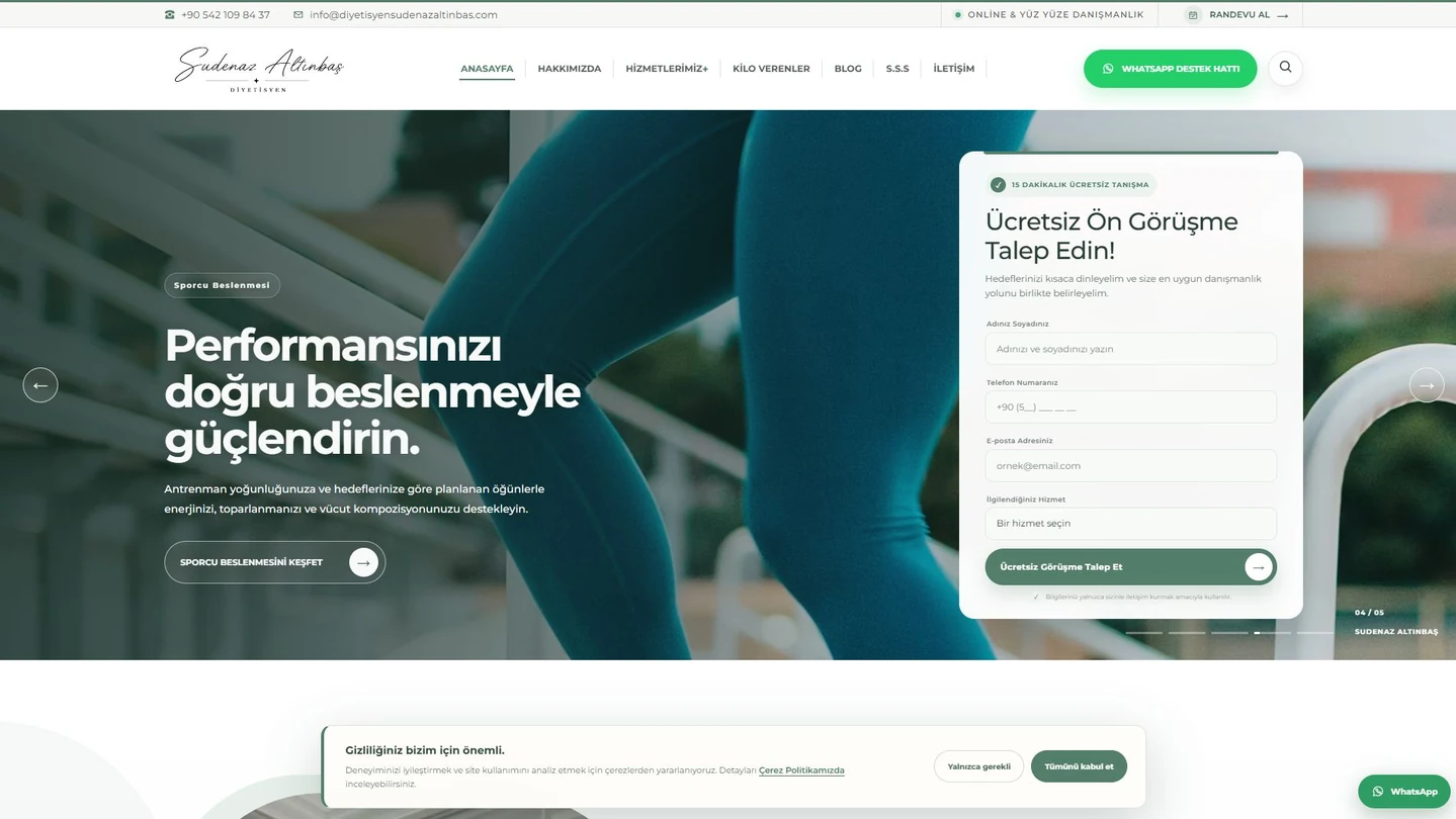 Diyetisyen Sudenaz Altınbaş web sitesinin açılış ekranı