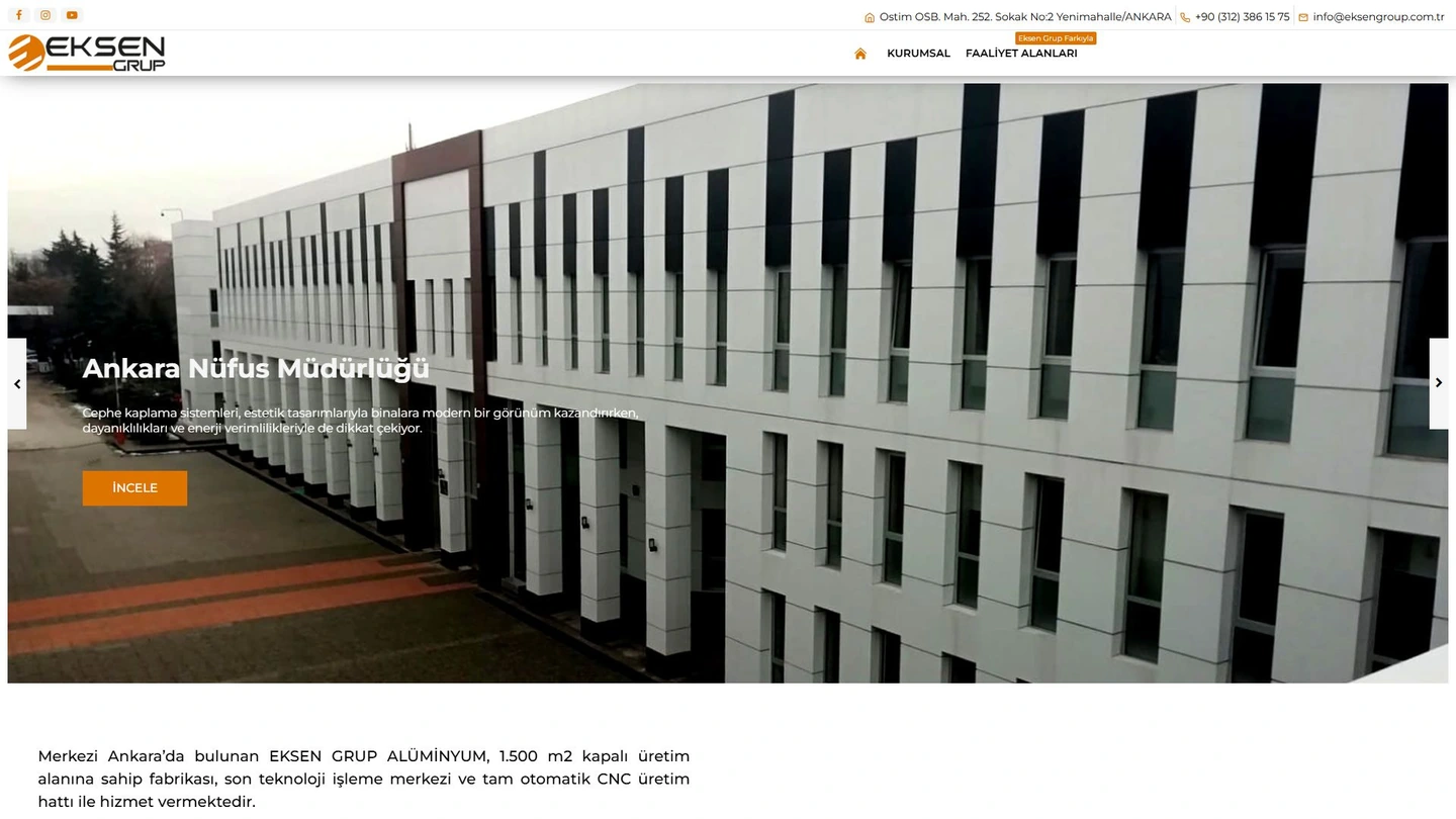 Eksen Group web sitesinin açılış ekranı