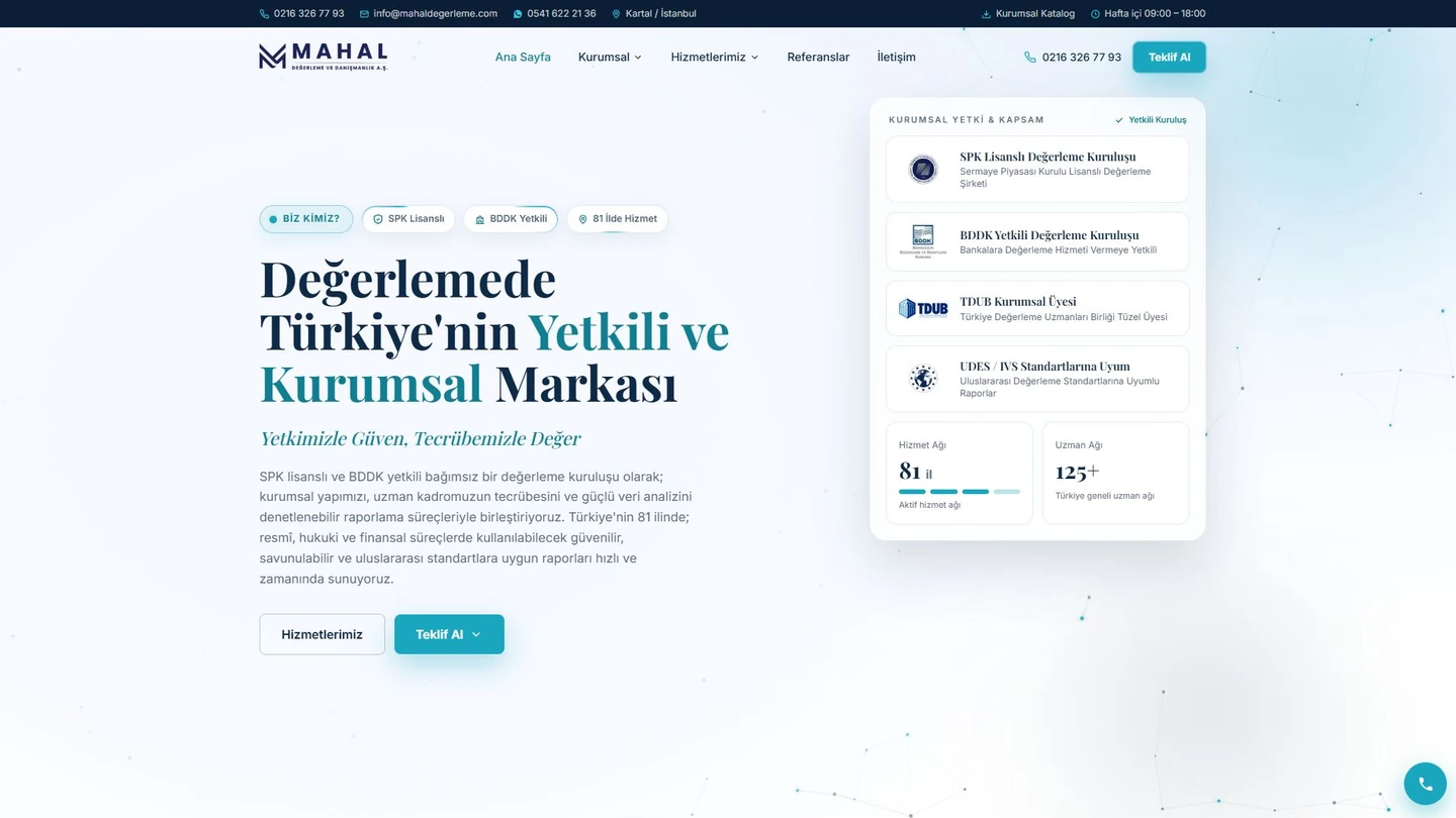 Mahal Değerleme web sitesinin açılış ekranı