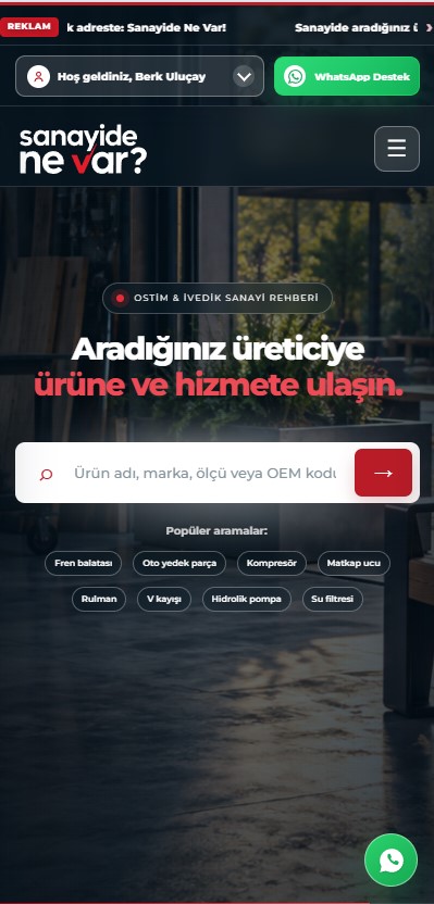 Sanayide Ne Var? web sitesinin mobil görünümü